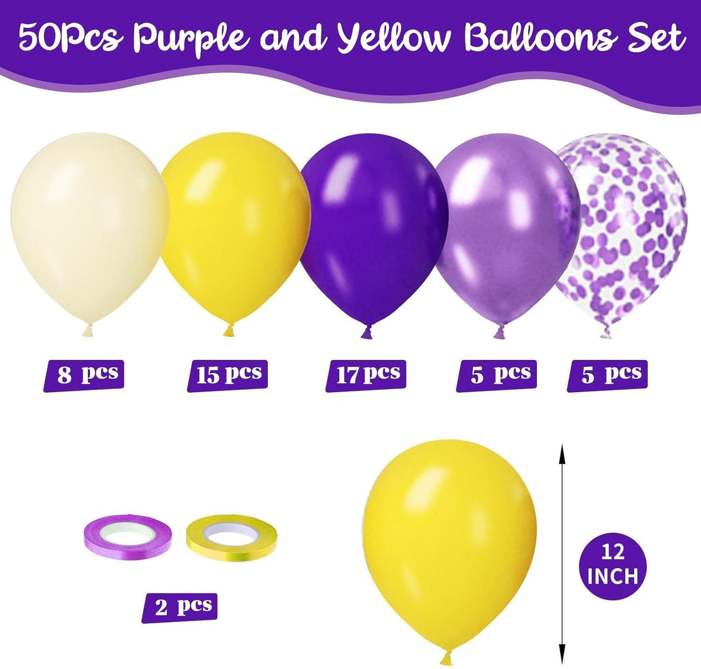 Paready Purple & Yellow Balloons Set - 50pcs, 12 Inch Light Yellow & Dark Purple Metallic Confetti Balloons for Kids, Boys' Sport Theme Birthday & Baby Shower Supplies