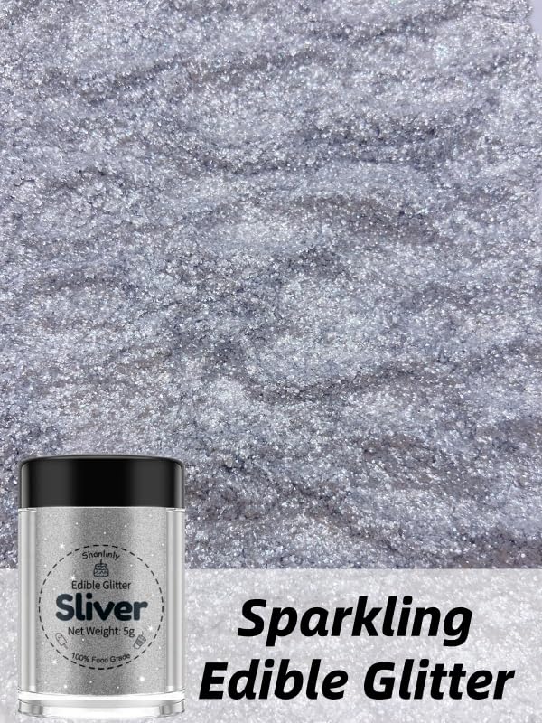 Shanlinly Silver Edible Glitter for Cakes Drinks - Food Grade 5g Shimmer Luster Glitter Dust Edible Glimmer Powders for Strawberries, Sprinkle on Sparkle, Chocolate, Cookie, Cupcake, Cocktail, Vegan