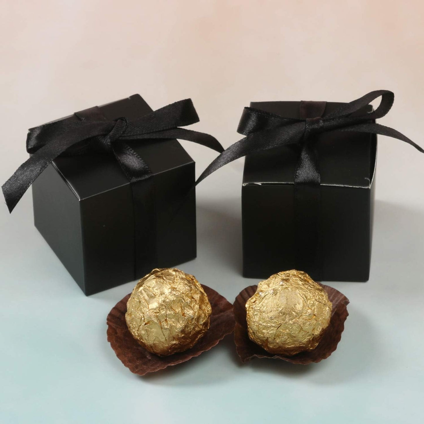 COTOPHER 100pcs Wedding Favor Boxes, Paper Gift Boxes 3x3x3 Inches Small Gift Boxes with Ribbons Small Boxes for Gifts, Crafting, Cupcake, Candy, Bridesmaid Proposal Boxes，Easy Assemble Boxes (Black)