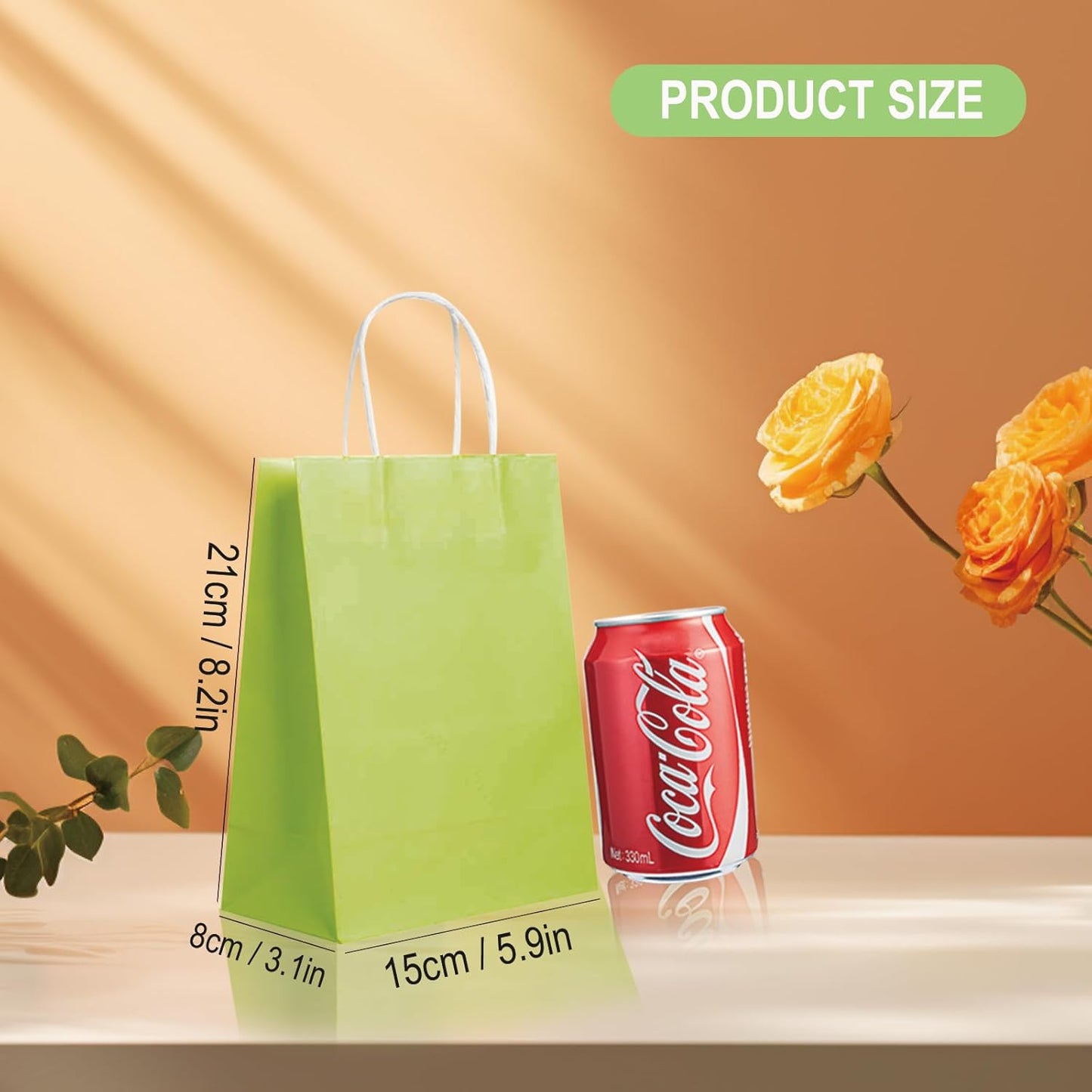 BAG BOX 50 Pack Small 5.9x3.1x8.25 Inch Green Kraft Paper Gift Bags with Handles for Bulk Shopping, Retail, Craft, Party Favors, Wedding, Grocery & Sacks