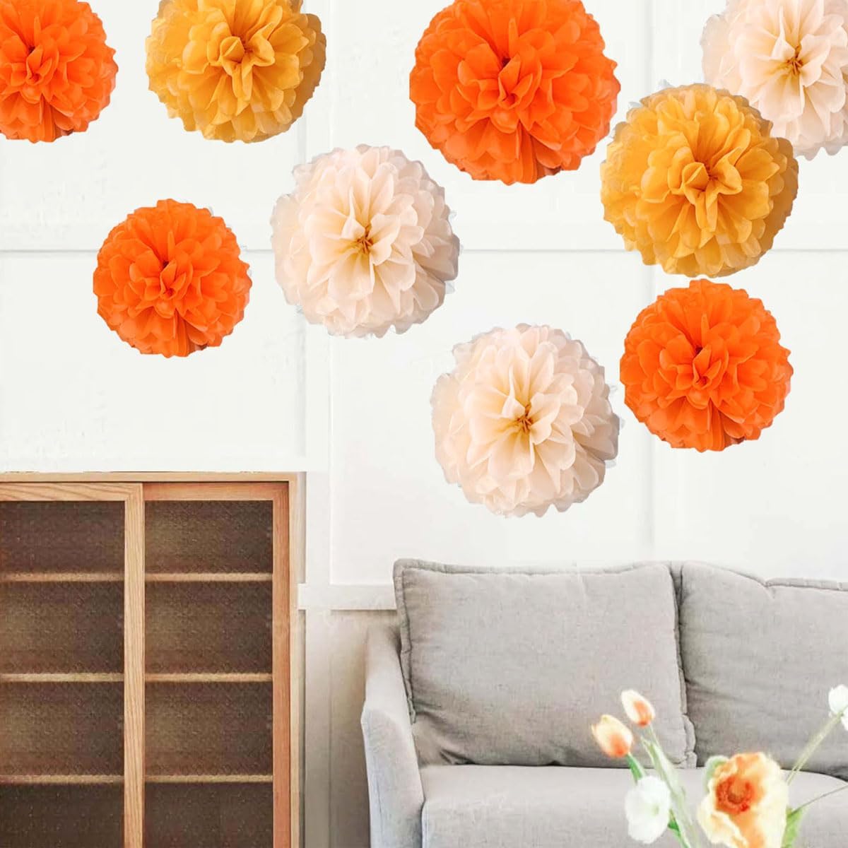 Yangeey 12pcs 10in 12in Orange Paper Pom Poms Tissue Paper Flower Hanging Paper Flower Balls Wedding Party Flower Decorations DIY Art Craft Blooms for Birthday Baby shower nursery decor
