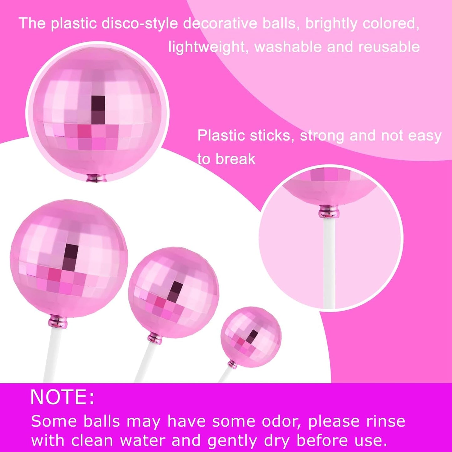 ASTARON 20 Pcs Disco Ball Cake Topper Decorations Sticks Pink Cake Balls Picks Toppers for Birthday Anniversary Disco Retired Theme Party Decorations