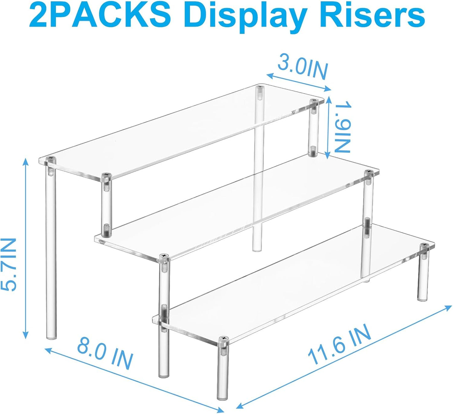 2PCS Large Acrylic Display Risers, Perfume Stand Organizer, Clear Acrylic Shelf Risers for Display Stands for Food, Tabletop Use, Amiibo Funko POP Figure, 3 Tier Clear Cupcake Stand Risers