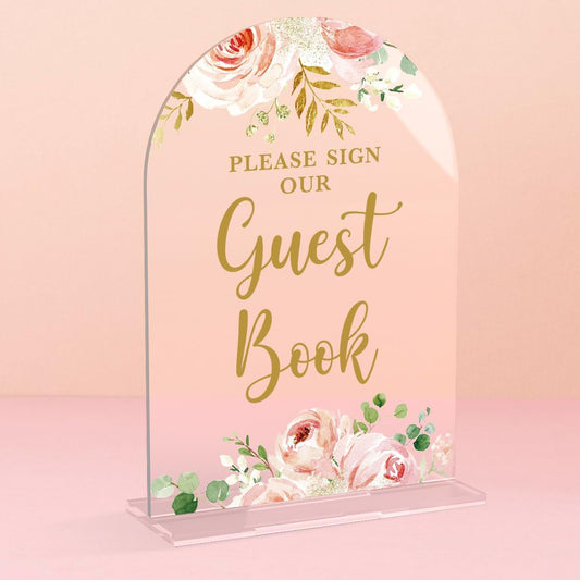 Acrylic Wedding Signs, Bridal Shower Decorations, Please Sign Our Guestbook Signs for Reception, Modern Calligraphy Arch Acrylic Table Top Sign for Wedding Reception (Clear Pink Flowers)