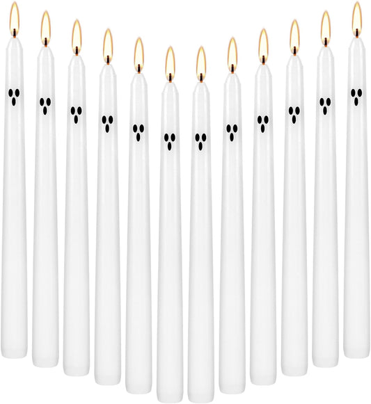 12 Pack Halloween Taper Candles - 10 Inch White Ghost Face Smokeless Candles, Long-Lasting 7+ Hour Burn, Premium Wax for Spooky Decor & Parties