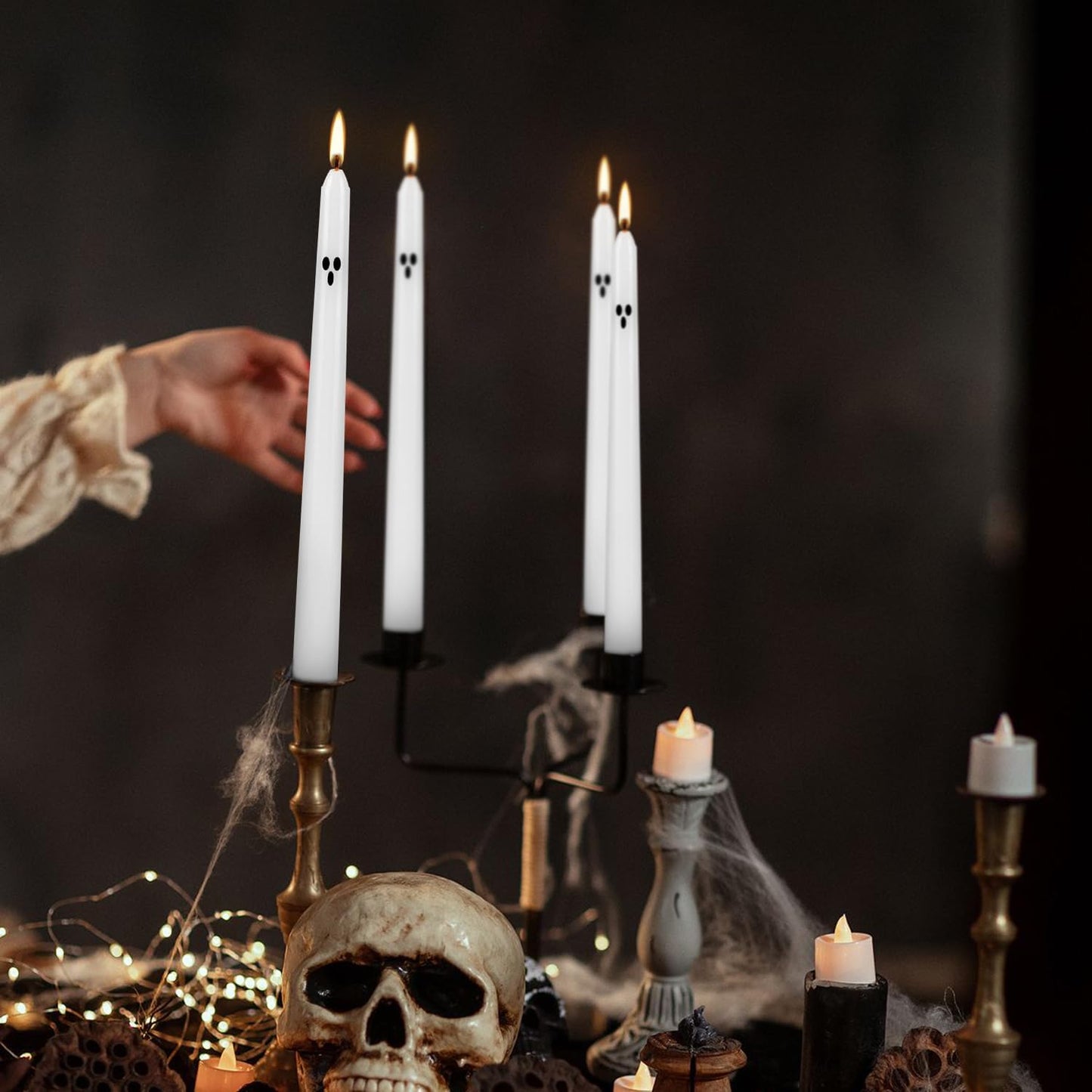 12 Pack Halloween Taper Candles - 10 Inch White Ghost Face Smokeless Candles, Long-Lasting 7+ Hour Burn, Premium Wax for Spooky Decor & Parties