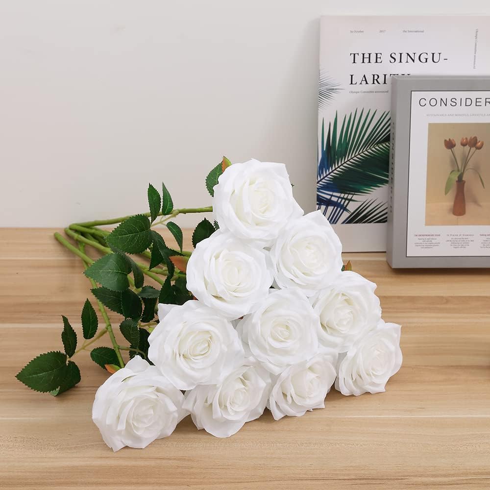 Artificial Rose 10pcs Open Flower Bouquet Faux Rose Stems for Wedding Arrangement, Bridal Bouquet, Centerpiece, Fake Faux Silk Flowers (White)