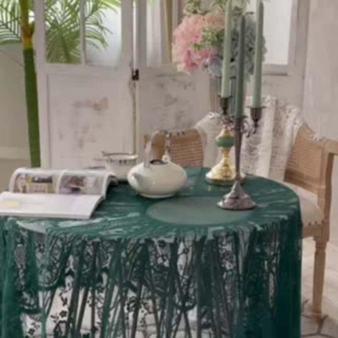 Vintage 60 inch Green Lace Tablecloth Floral Embroidered Boho Shabby Chic Small Table Cover for Wedding Halloween Party Dinning Holiday, 1 Piece
