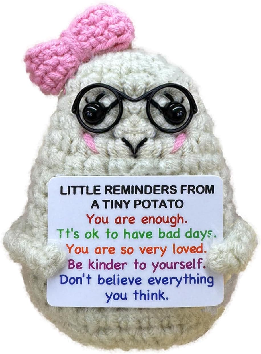 Handmade Crochet Positive Potato Gifts for Women Men Daughter Son Birthday,Teacher Nurse Week Graduation Gift,Handmade Kintted Crochet Doll with Emotional Encouragement Card,Desktop Decors