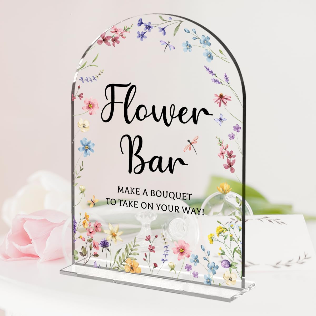 Wedding Sign Decor, Flower Bar Sign, 5x7 Inch Arch Acrylic, Wedding Sign for Reception & Event Party, Bridal Shower Decorations, Wedding Table Sign Accessories for Anniversary And Event (Flower)