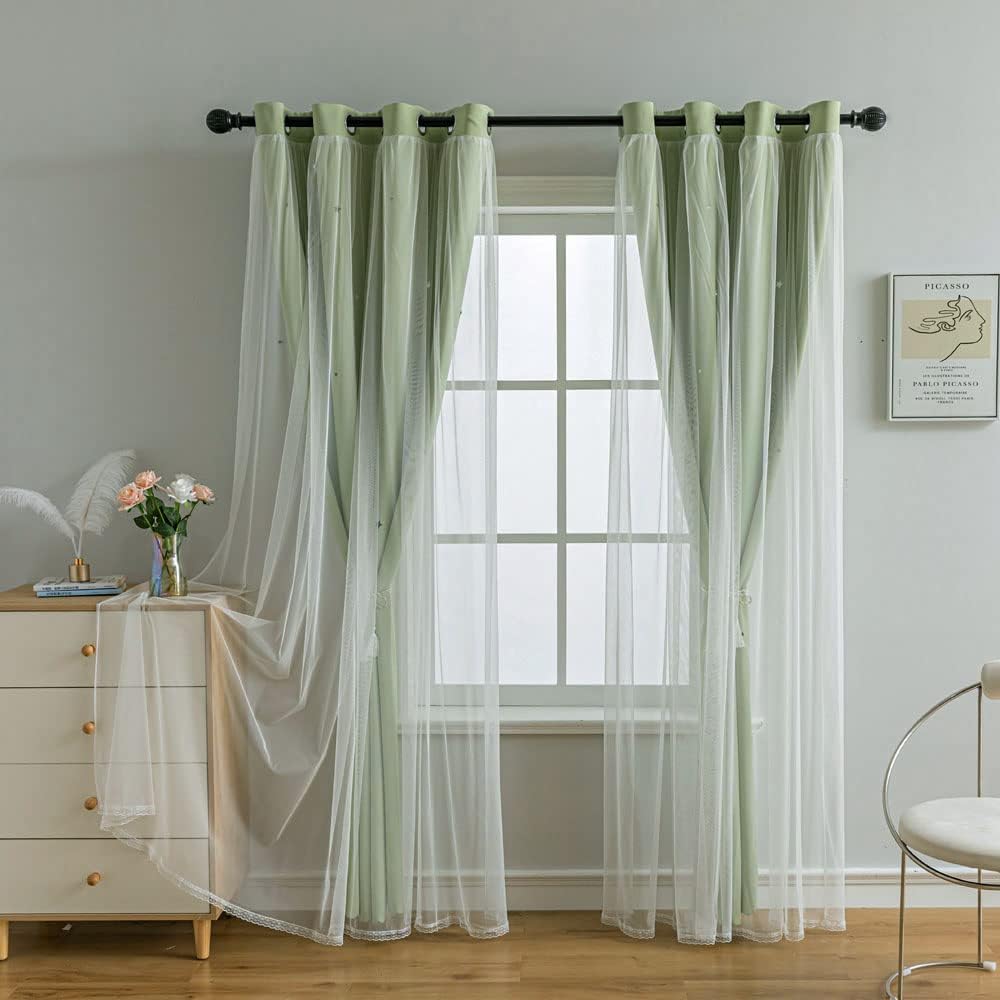 FANLI 2 Panels Star Blackout Curtains for Kid Girls Bedroom Living Room Darking Stripe Double Layer Star Cut Out Wall Home Decor Gradient Grommet Window Curtains (Green 63L)