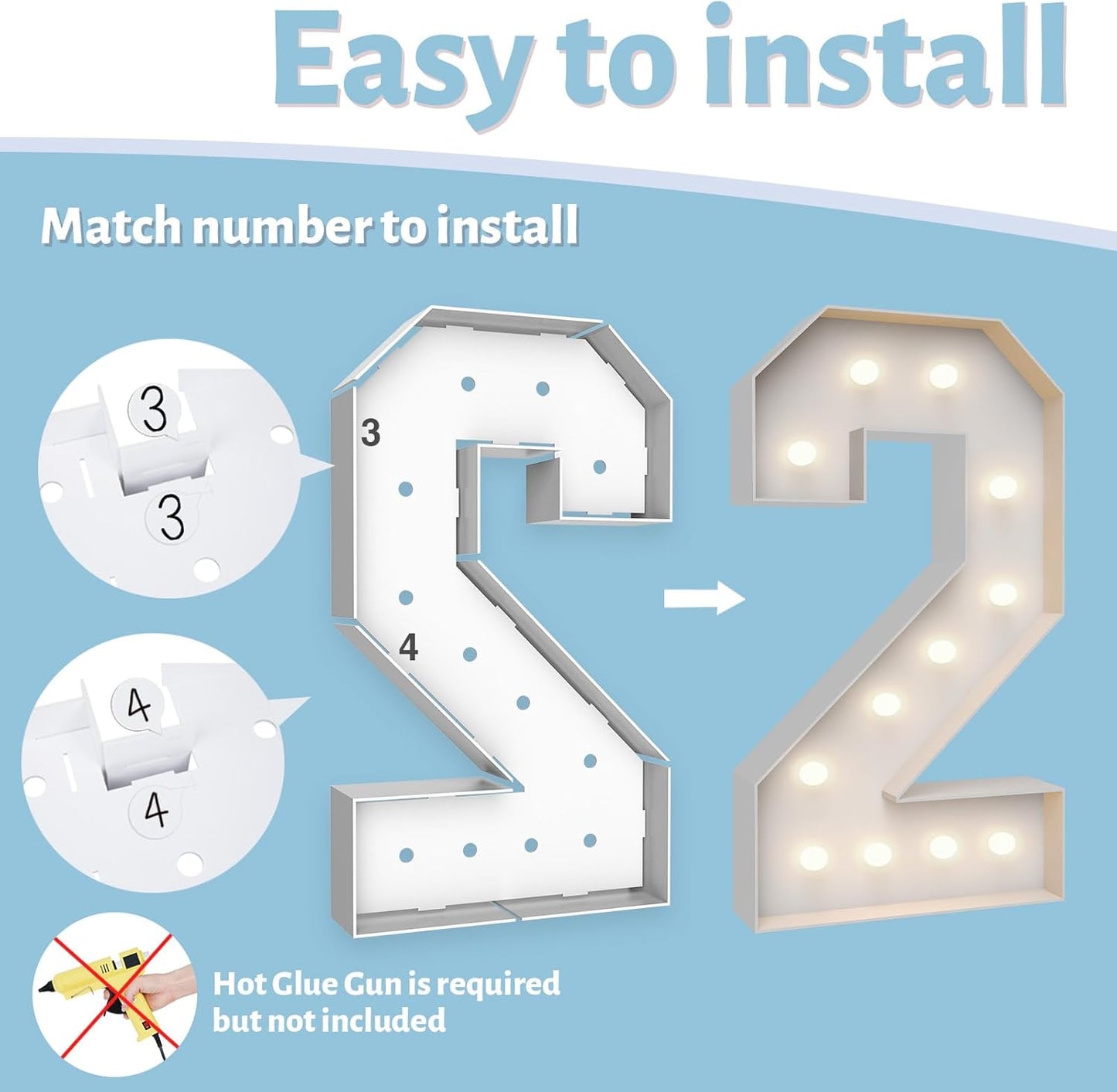 4FT Marquee Light Up Numbers 2,Party Decoration Large Marquee Light Up Letters with Weighted Water Bag,Pre-cut Foam Board Set Can Be Used for Birthdays,Weddings,Baby Anniversaries