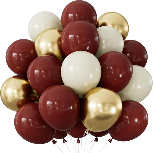 Burgundy and Gold Balloons - Maroon Balloons 12 Inch Glitter Metallic Gold Balloon White Sand Latex Balloon for Wedding Bridal Shower Birthday Anniversary Wine Party Decorations, 50 PCS