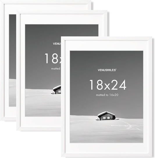 18x24 inch Picture Frame, 18x24 Photo Frames with 16x20 Removable Mat - High Definition Plexiglass - Vertical and Horizontal Display - Wall Hanging Poster Frame - White, 3 Pack