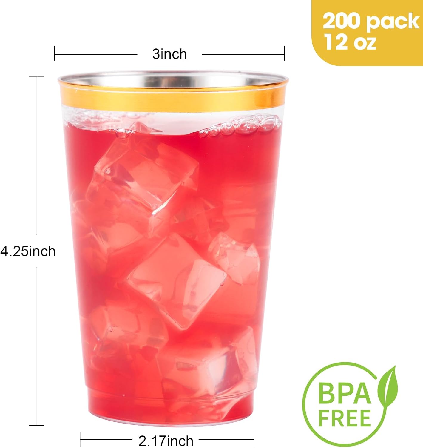 Goodluck 200PCS 12oz Gold Plastic Cups for Party, Disposable Gold Rim Cups, Plastic Cocktail Glasses for Wedding Thanksgiving, Christmas, and Parties