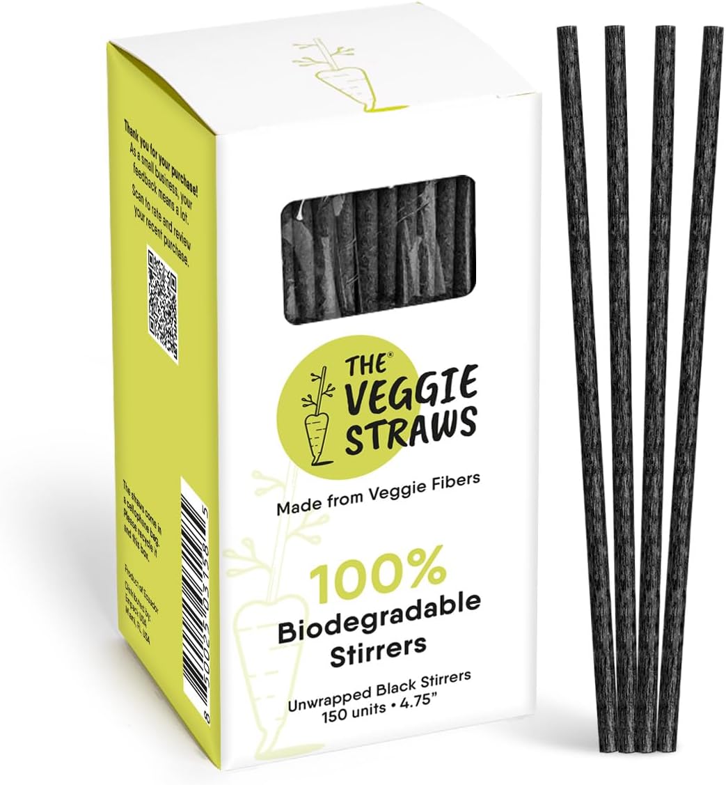 – 150 PCS of 4.75 Inches Unwrapped Black Biodegradable Drink Stirrers – Made of Vegetable Fibers, Best Cocktail Stirrers for Drinks of All Kinds