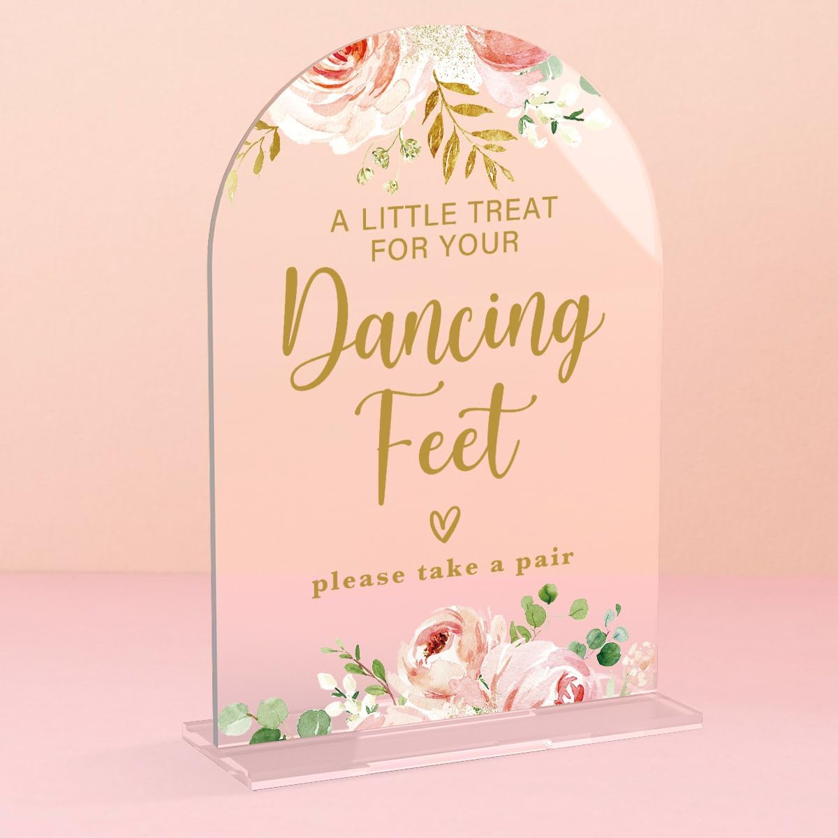 Acrylic Wedding Signs, Bridal Shower Decorations, Dancing Feet Signs for Reception, Modern Calligraphy Arch Acrylic Table Top Sign for Wedding Reception and Engagement Parties (Clear Pink Flowers)