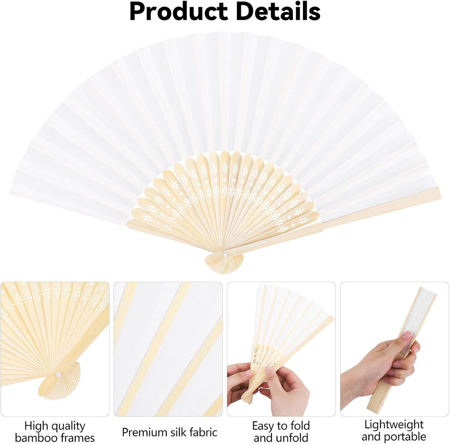 MCEAST 50 Pieces Silk Folding Fan with Bamboo Frames, Handheld Fan Folding Hand Fan Foldable Fan for Wedding Gifts, Party Favors, Home Decoration, White