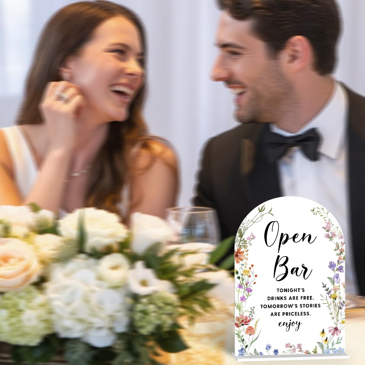 Acrylic Wedding Signs, Open Bar Signs for Marriage Reception, Bridal Shower Decorations, Modern Arched Round Top Acrylic Table Top Sign with Holder for Wedding Party Dinner (White Wildflowers)