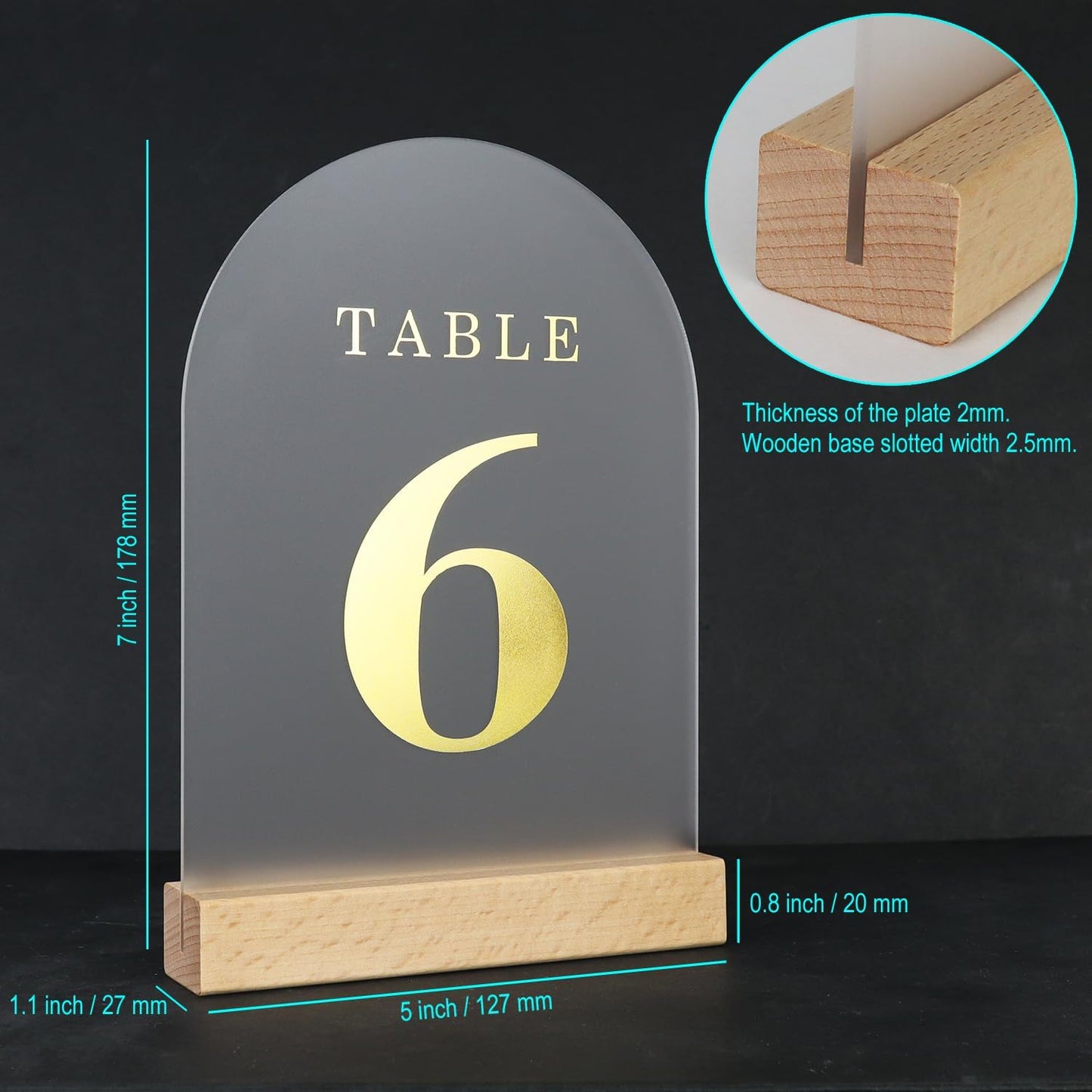 Wedding Table Numbers 1-25, Acrylic Arch Signs with Natural Wood Stands Holders, Rustic Table Decor for Reception & Parties (Frosted Gold)