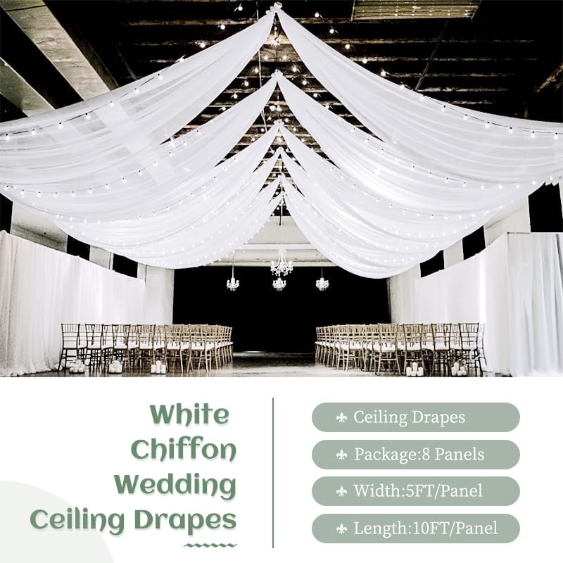 8 Panels White Wedding Ceiling Drapes 5ftx10ft Ceiling Drapes Chiffon Fabric Arch Draping Sheer Curtains Soft Drapery Draping Wedding Ceiling Decorations for Party Ceremony Stage Swag
