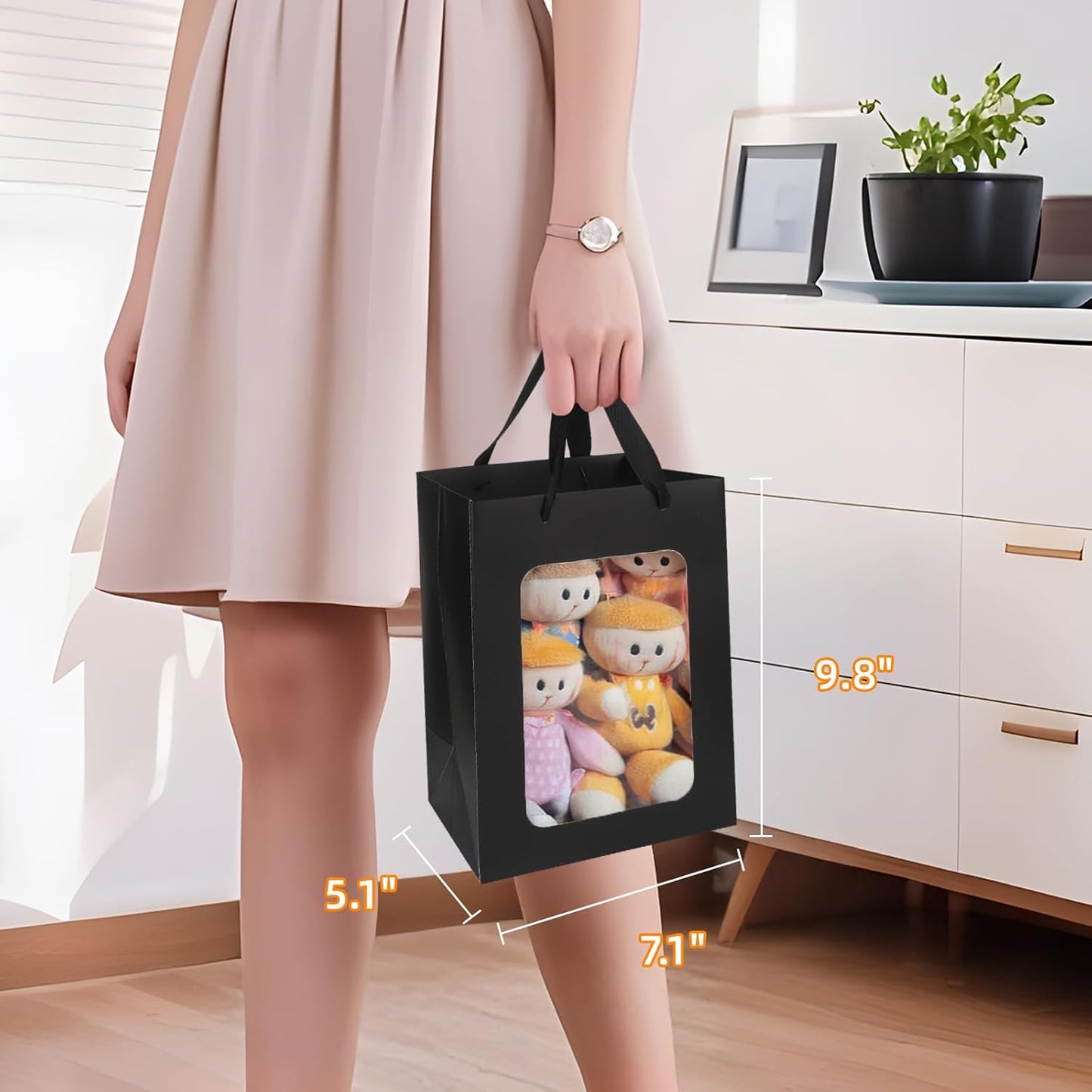 MOXARYSU 6 Pcs Black Gift Bags with Clear Window: 9.8x5.1x7.1 Inch Medium Kraft Paper Bags with Handle For Party Business Birthday Wedding (Black, 6p)