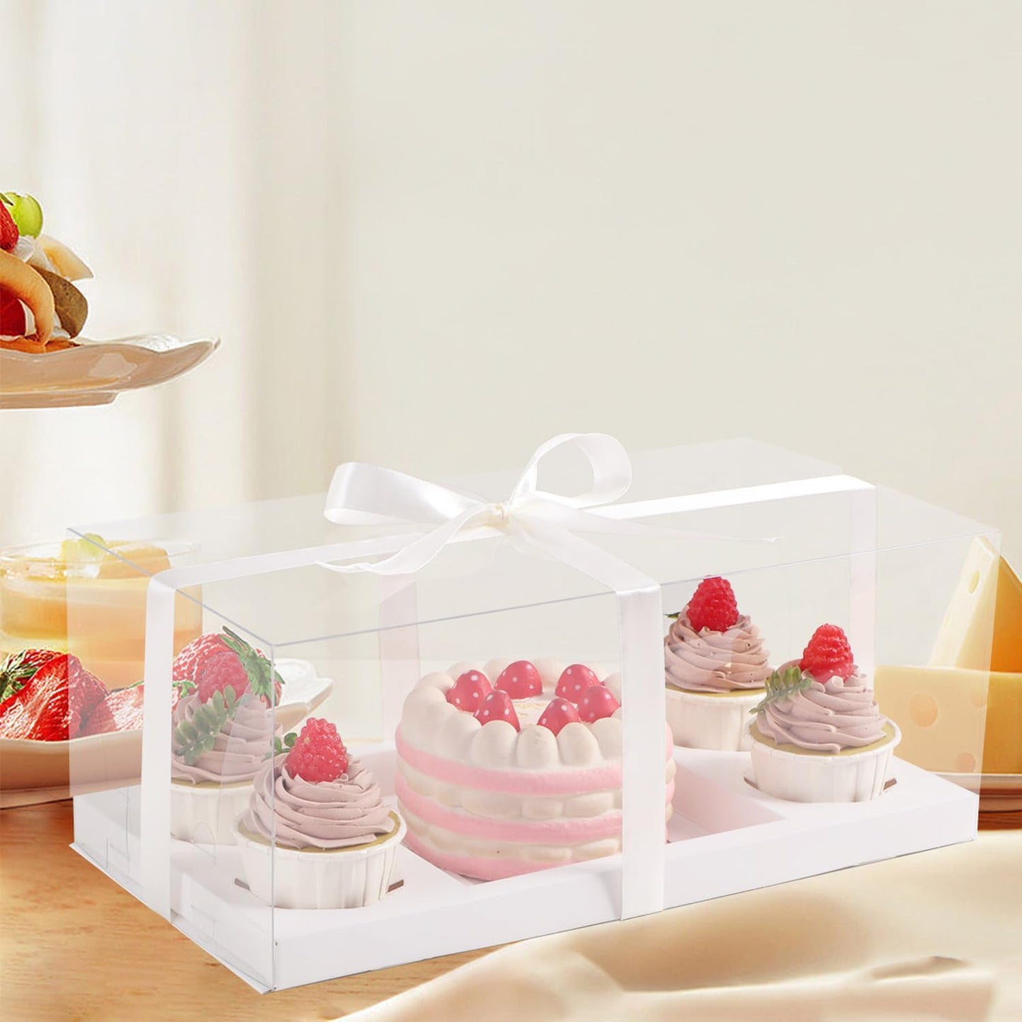 JCD 3pcs Clear Cupcake Boxes Combo,Cake and Cupcakes Box 1+4 Bento Box with Clear Window Bento Boxes Fit 4 Cupcake and 1 Mini Cake for Valentine Wedding Birthday Party Bakery Supplies(1+4/3Pcs)