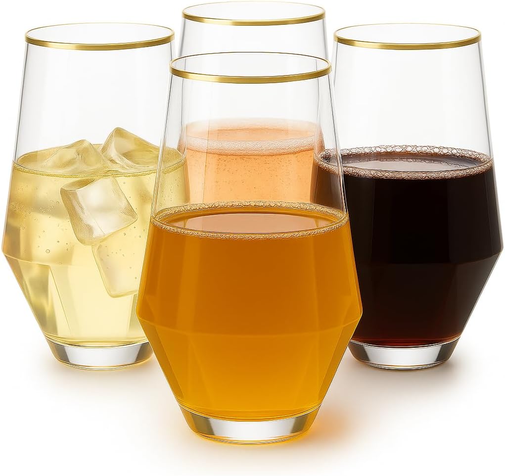 48 Pack Diamond Gold Rim Unbreakable Stemless Plastic Glasses 24 9oz Stemless Champagne Flutes & 24 12oz Cups BPA-Free, Disposable, Shatterproof Drinkware for Weddings, Bars, Events and parties