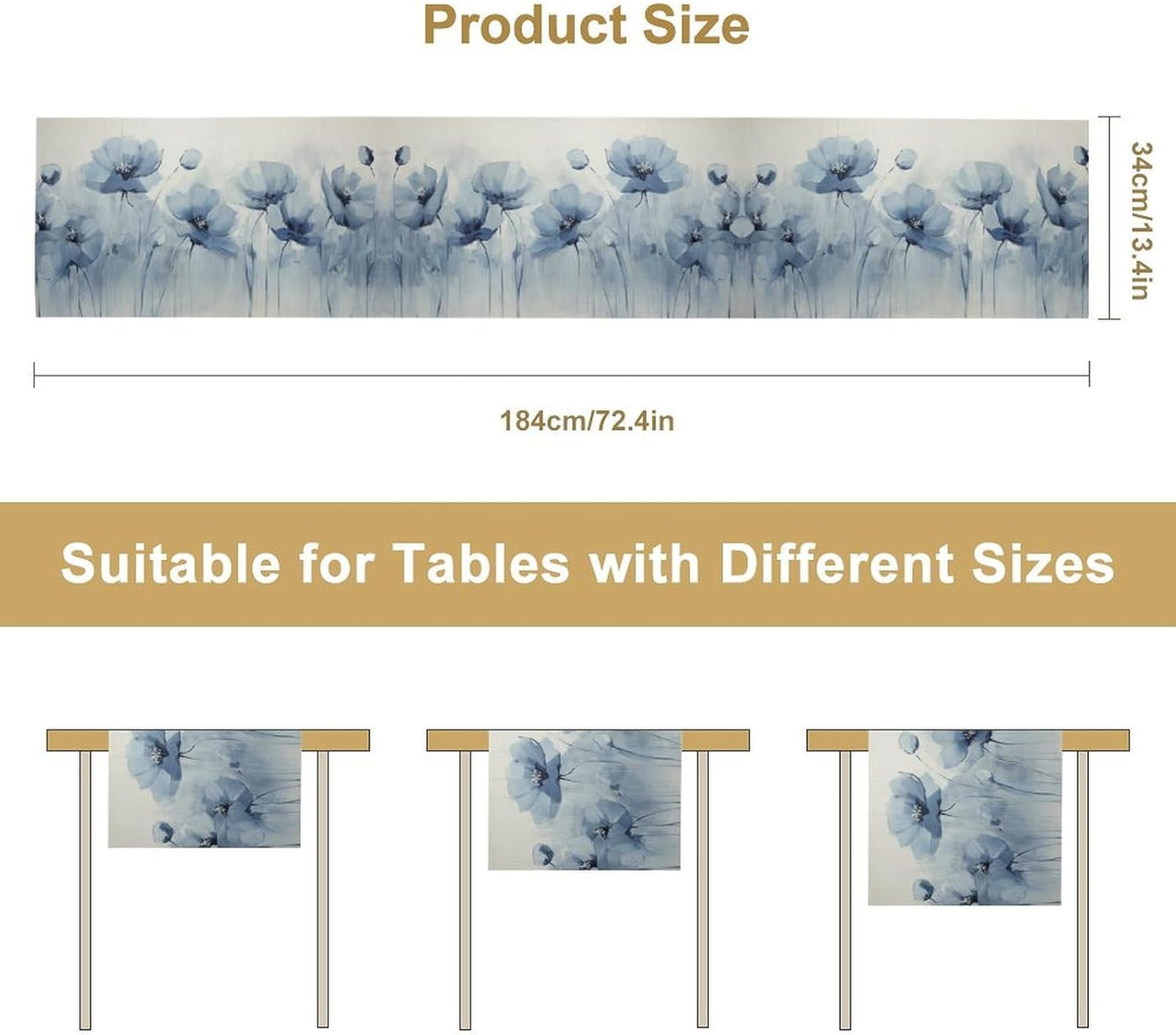 Abstract Floral Table Runner, Blue Poppy Flower Modern Art Print Kitchen Dinning Table Runner for Indoor Outdoor Home Wedding Party Holiday, 13x60 Inch