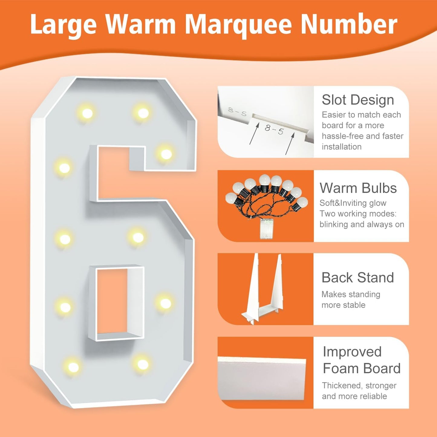 4 feet Marquee Numbers, Light Up Numbers 6 for 6th 16th 60th Birthday Decorations, Big Number for Party Decorations, Large Cardboard Number for Anniversary Decor