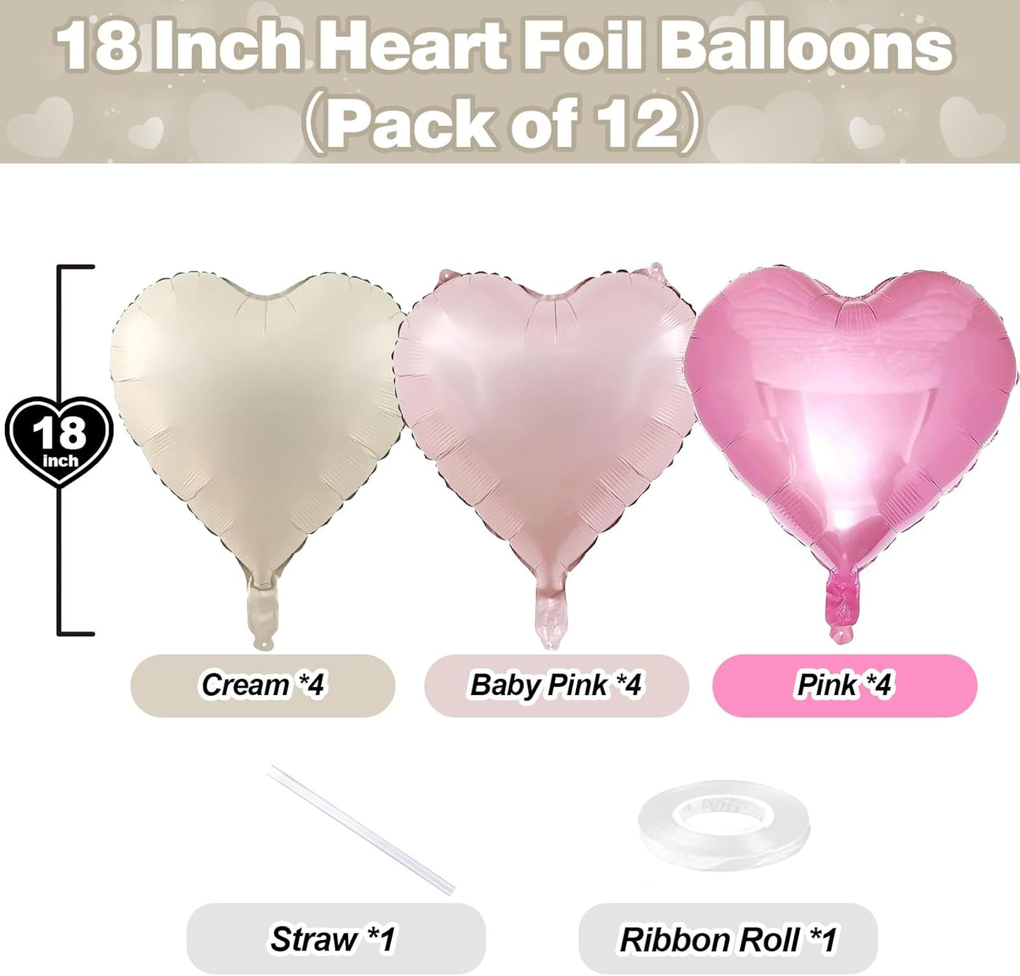 Pink White Heart Balloons, 12PCS Baby Pink Cream Heart Foil Balloons, Pastel Pink Light Pink White Heart Shaped Mylar Balloons for Girls Women Birthday Baby Shower Wedding Valentine's Party Decoration