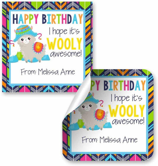 Custom & Personalized Wooly Awesome Alpaca Happy Birthday Gift Tag Sticker Labels, 24 2.5" Square Stickers by Amanda Creation