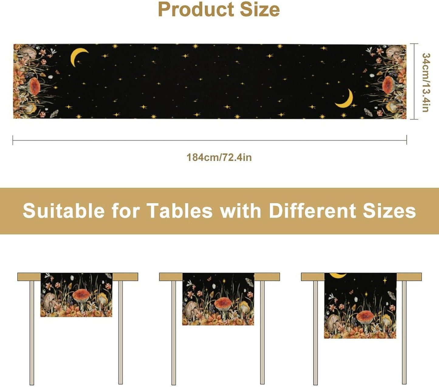 Mushroom Kitchen Table Runner, Gothic Moon Star Plants Witchy Moonlit Flower Butterfly Table Runner for Kitchen Party Living Room Drapes, 13x90 Inch Black