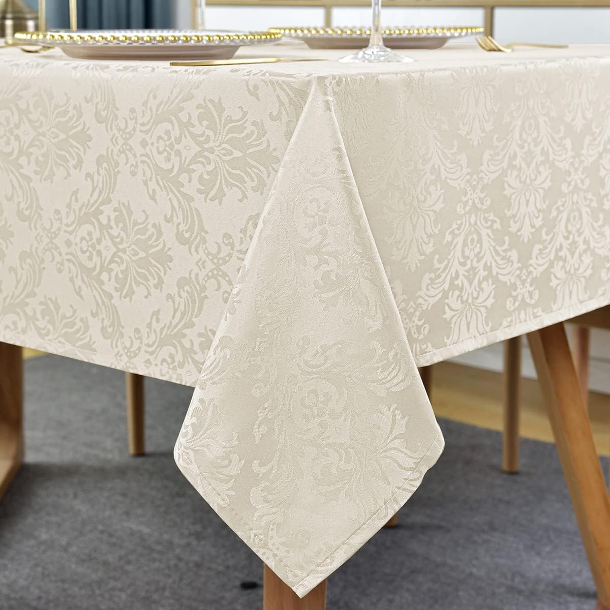 SASTYBALE Jacquard Tablecloth Rectangle 60 x 120 Inch Beige, Spill Proof Stain Resistant Damask Table Cloth, Washable Polyester Table Cover for Dining, Party, Indoor, Outdoor (Off White, Oblong)