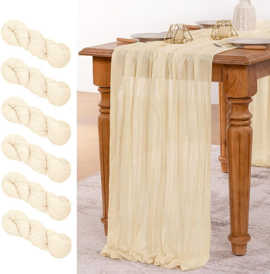 MLMW 6 Pack Beige Table Runner Cheesecloth Boho Gauze Rustic Cheese Cloth Table Runner 160 inch Sheer 13.3ft for Thanksgiving Wedding Party Baby Bridal Shower Birthday