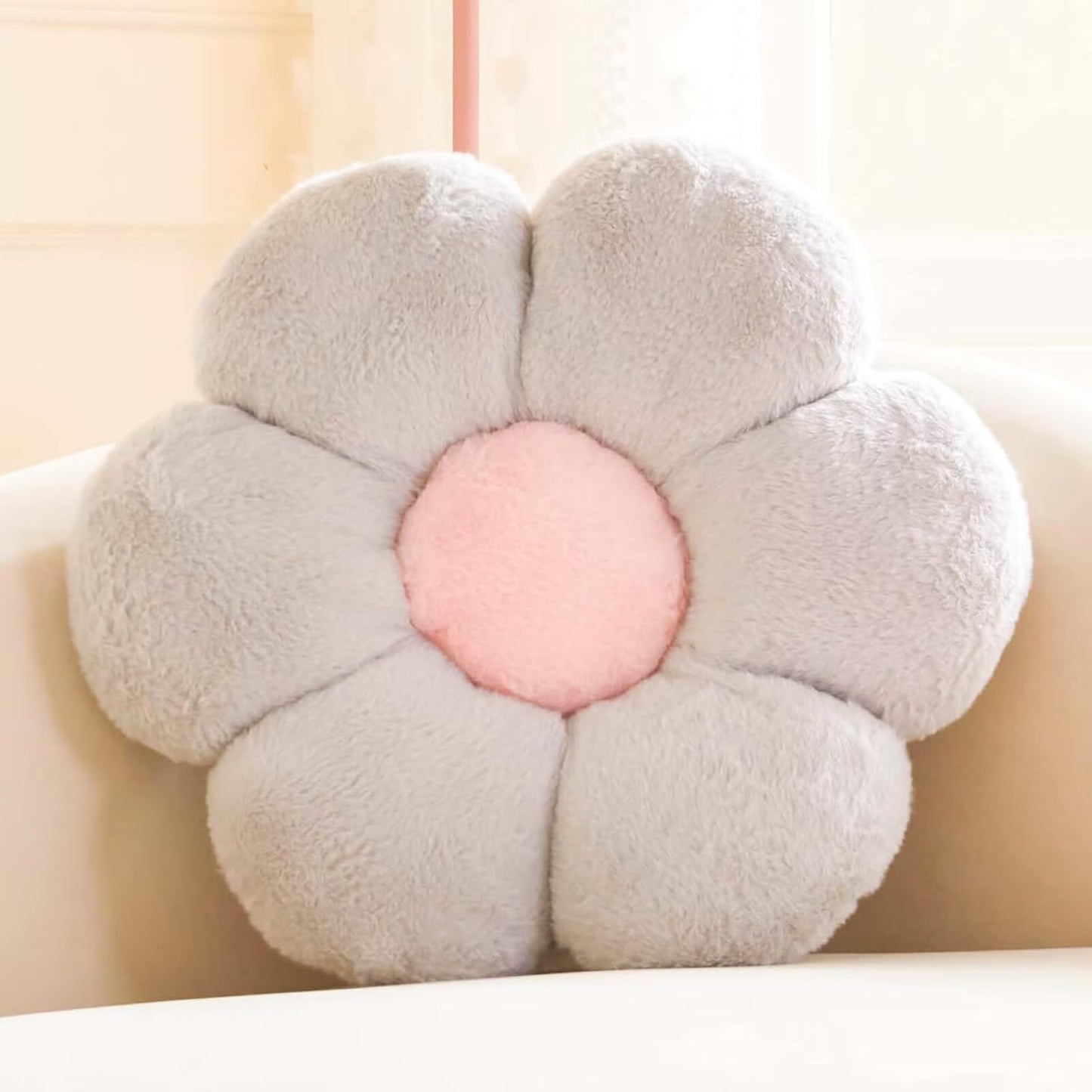 Silver Flower Pillow, 17.7" Flower Shaped Plush Decorative Throw Pillow for Bed