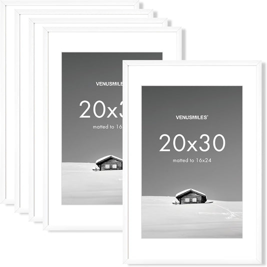 20x30 inch Picture Frame, 20x30 Photo Frames with 16x24 Removable Mat - High Definition Plexiglass - Vertical and Horizontal Display - Wall Hanging Poster Frame - White, 5 Pack