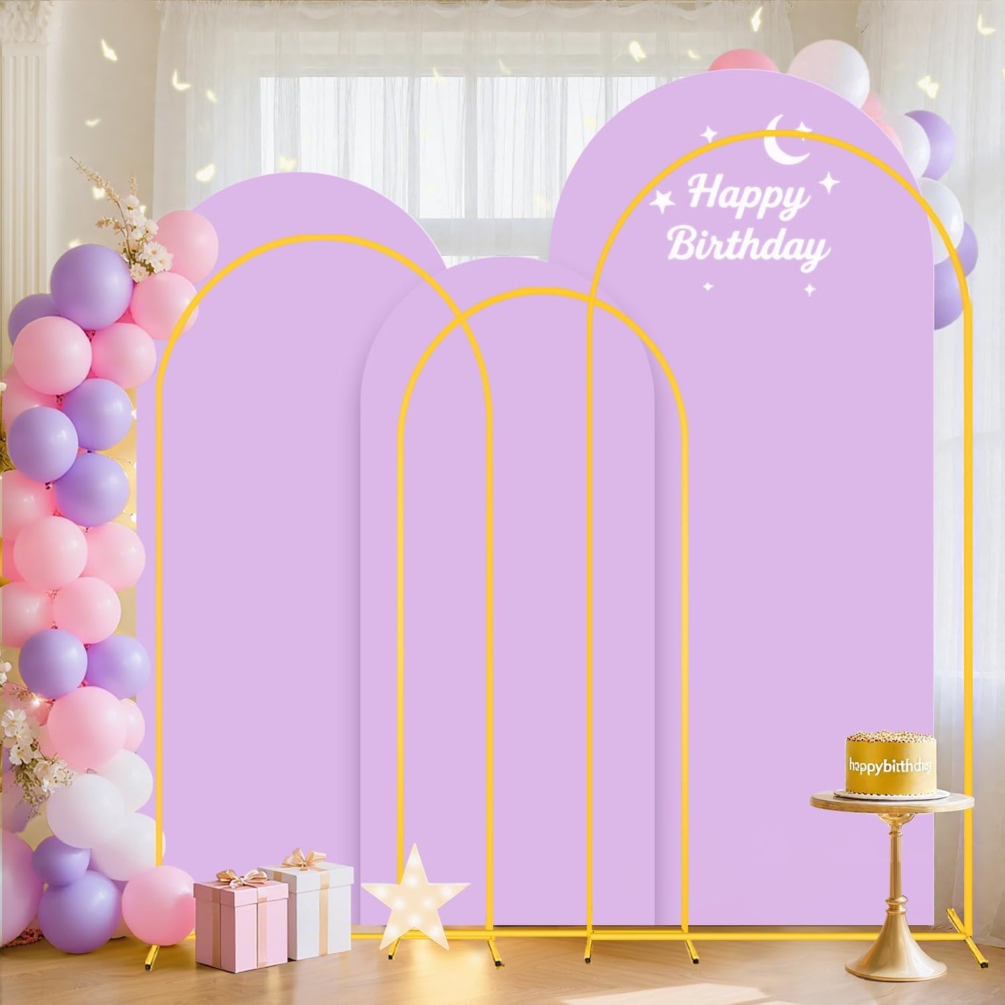 Set of 3 Arch Backdrop Stand and Wedding Arch Cover 6FT, 5FT, 4FT Stable Arches Stand Backdrop Metal Arched Frame Lavender Cover Balloon Arch Stand and Cover Set for Bridal Baby Shower Event Decor