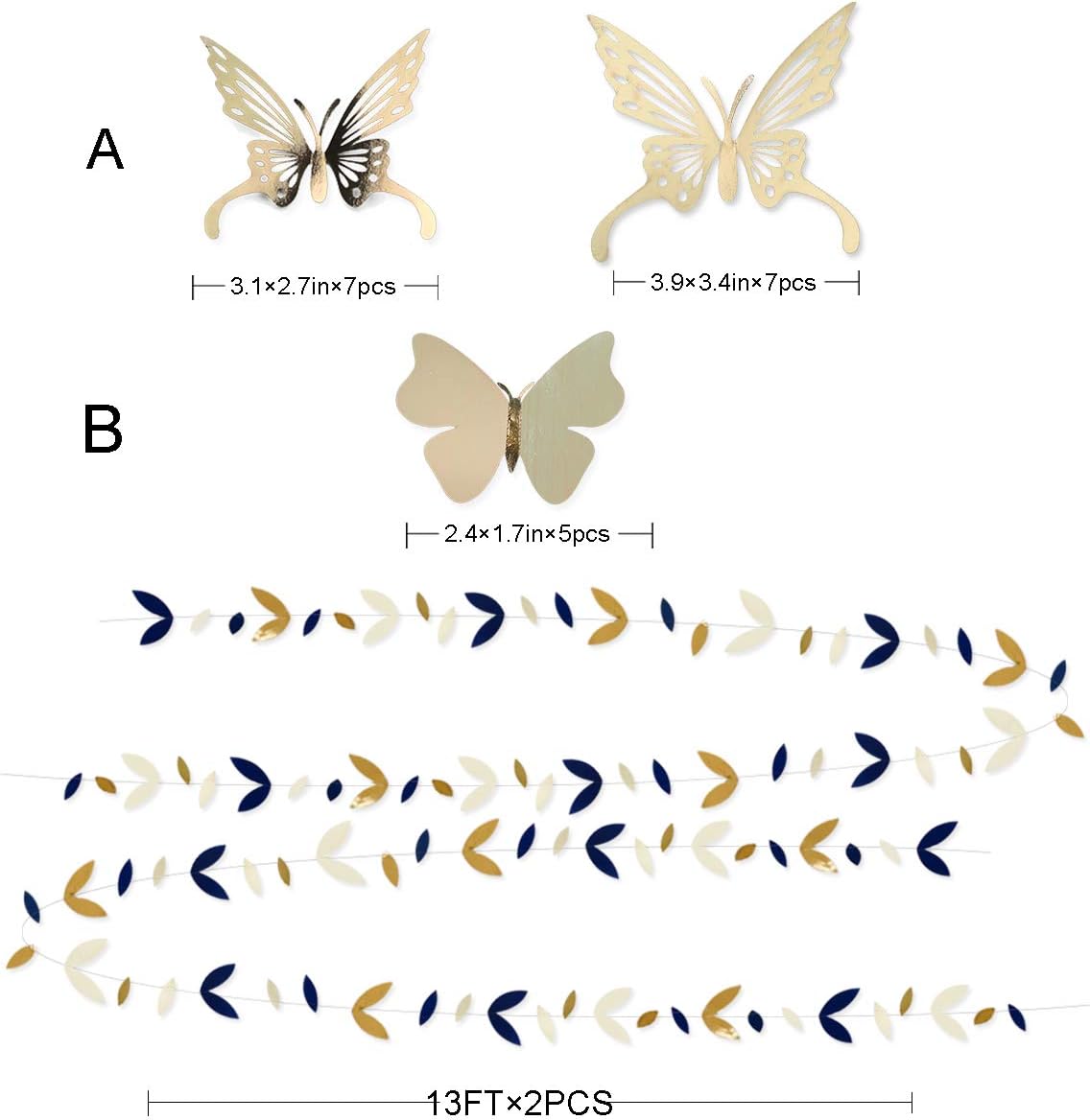 Navy Blue and Gold Party Decoration Kit Lanterns Flowers Pom Pom with Champagne Gold 3D Butterfly Stickers and Leaf Garland Streamers for Birthday Engagement Wedding Bridal Shower Bachelorette Party