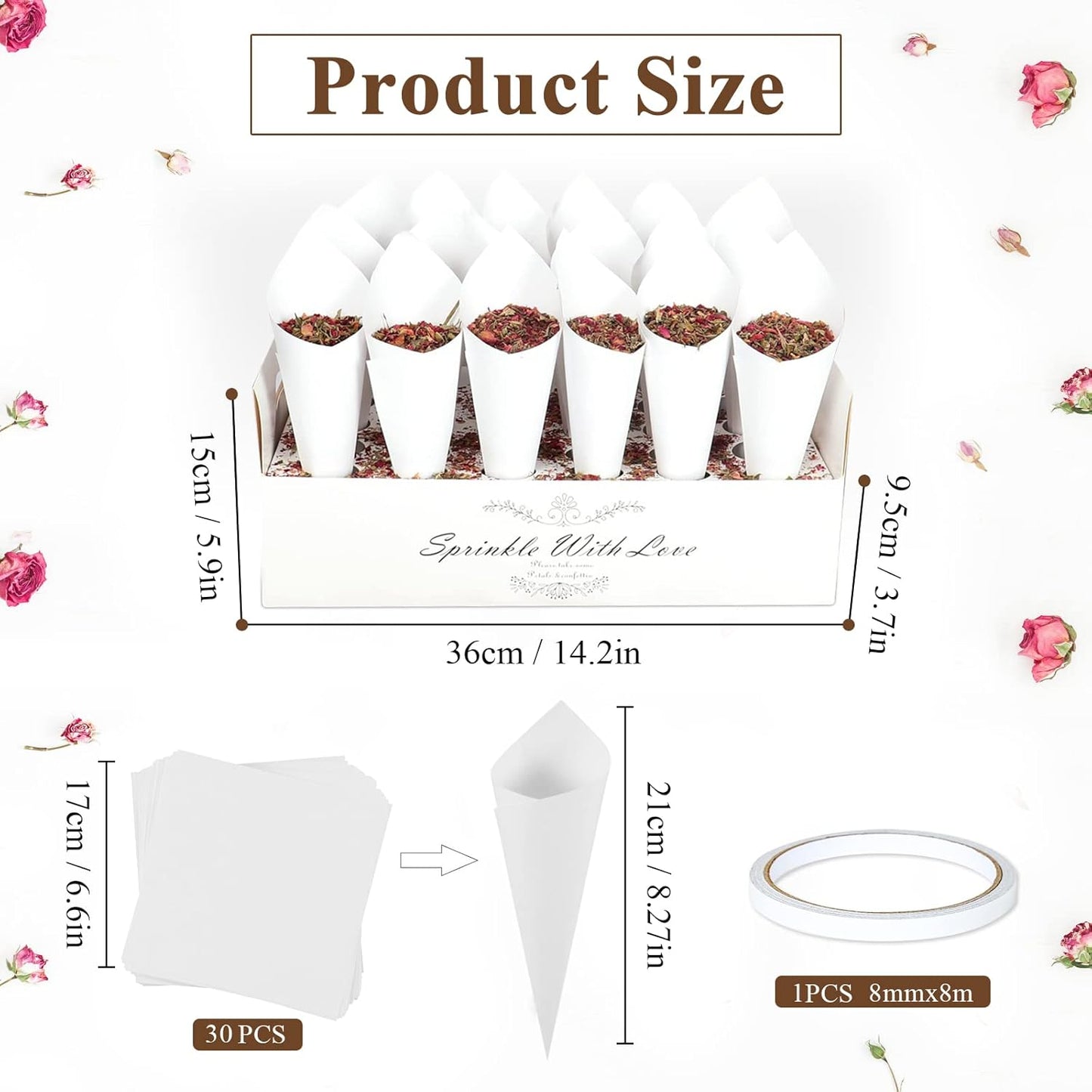 30 Pieces biodegradable confetti Cones and Stand Tray Paper Cone Box 30 Holes Suitable Placing Dried Flower Petals Confetti for Wedding, Engagement, Party, Birthday (White)