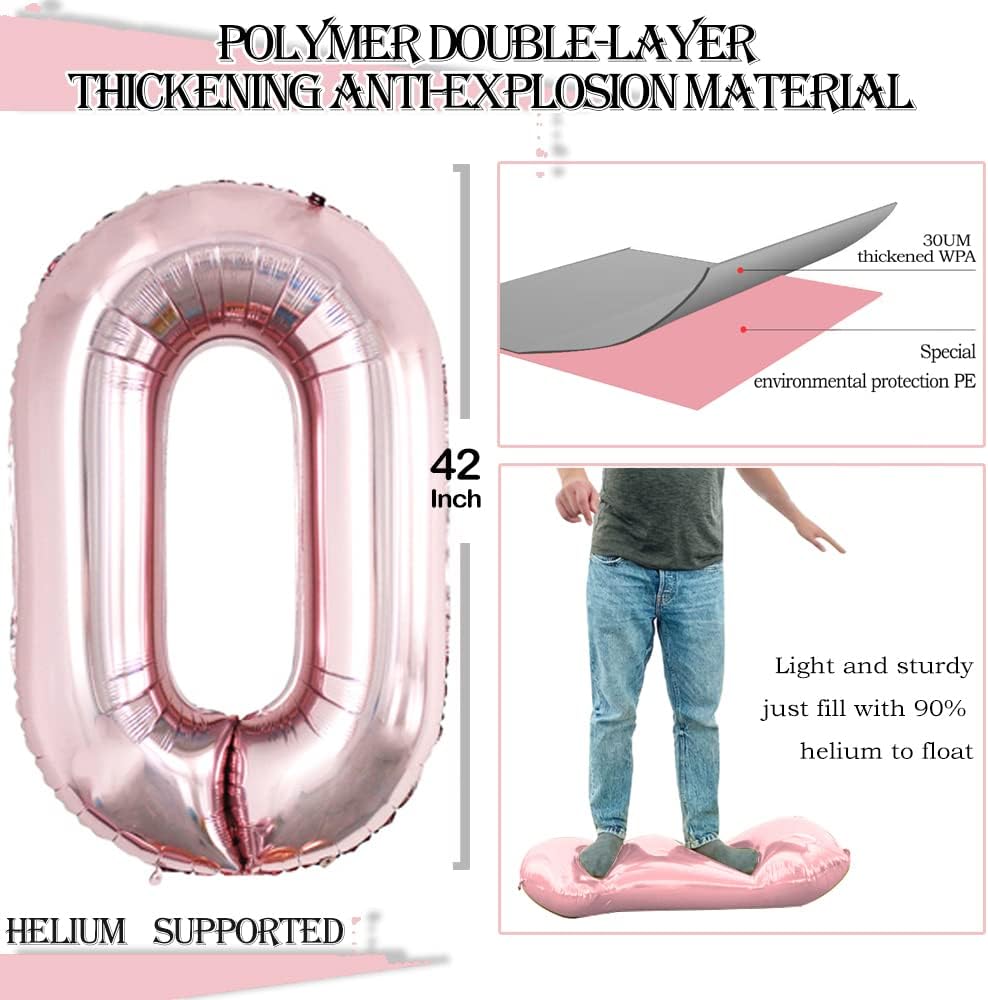 GOER Rose Gold Foil Balloons Number 0 for 10th 20th 30th 40th 50th 60th 70th 80th 90th 100th Birthday Party Supplies Anniversary Decorations(3 pcs,42 inch,32 inc,16inch)