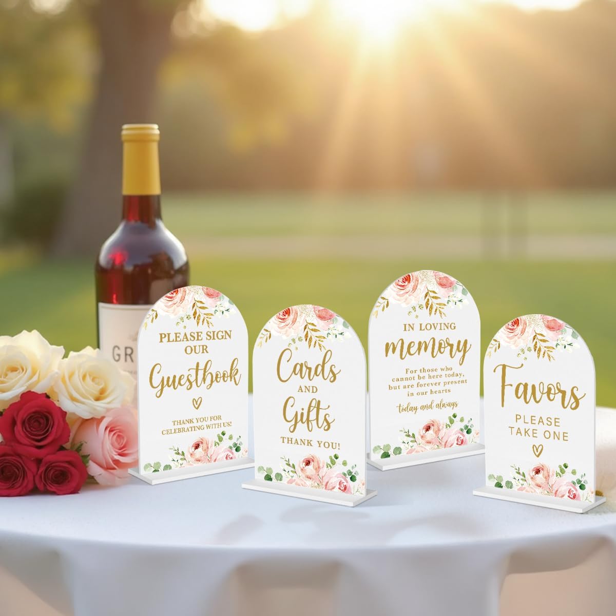 4 Pcs Acrylic Wedding Signs for Reception, Bridal Shower Decorations, Cards and Gifts Signs, Guest Book Sign, Arch Acrylic Table Top Sign with Holder for Wedding Reception (White Pink Flowers)