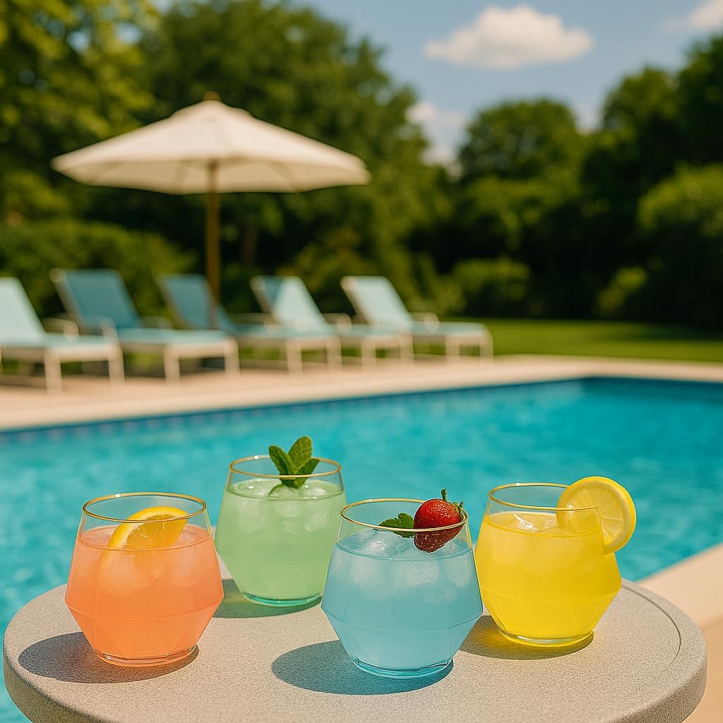 40 count Diamond Unbreakable Stemless Plastic Wine Champagne Whiskey Glasses Elegant Durable Disposable Indoor Outdoor Ideal for Home, Office, Bars, Wedding, 12 Ounce Cups Gold Rim (Color Collection)