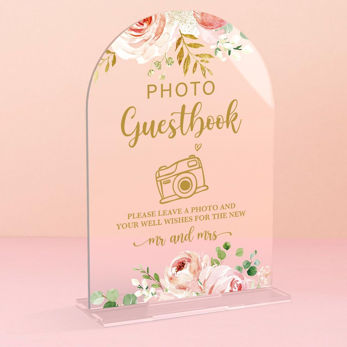Acrylic Wedding Signs, Bridal Shower Decorations, Photo Guestbook Signs for Reception, Modern Calligraphy Arch Acrylic Table Top Sign for Wedding Reception and Engagement Parties (Clear Pink Flowers)