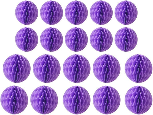 20pcs Honeycomb Balls - Party Decor in Purple (3inch & 6inch, Tissue & Paper Flowers)