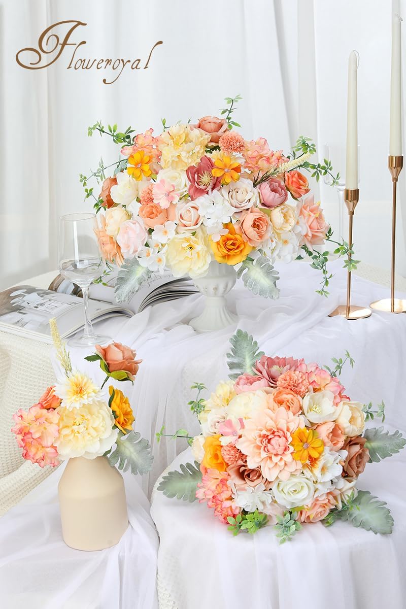 Floweroyal Artificial Flowers Combo Champagne Flowers Mix Silk Flowers Dahlia Roses with Stems for DIY Wedding Bridal Bouquets, Baby Shower, Floral Arrangement, Table Centerpieces, Home Decorations.