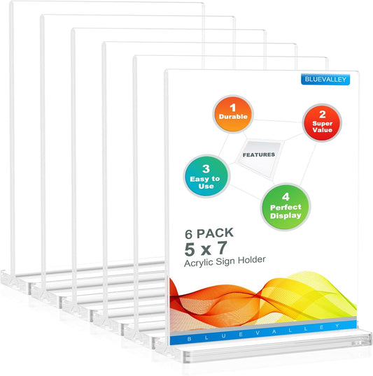 BlueValley Clear Acrylic Sign Holder 5x7 Vertical Double Sided Acrylic Photo Picture Frame for Office Desk, Table Sign Holder for Store, Rrestaurant, Hotel, Cafe, Show Fairs, Vendor-for Brochure Flyer Menu Document-6 pack