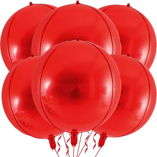 LHOAVWE 6 Pack 22 Inch 4D Red Balloons: 6 Pcs Round Foil Balloons (Uninflated) + Straw + 32 Foot Ribbon Roll - Red, Perfect for Birthday Parties