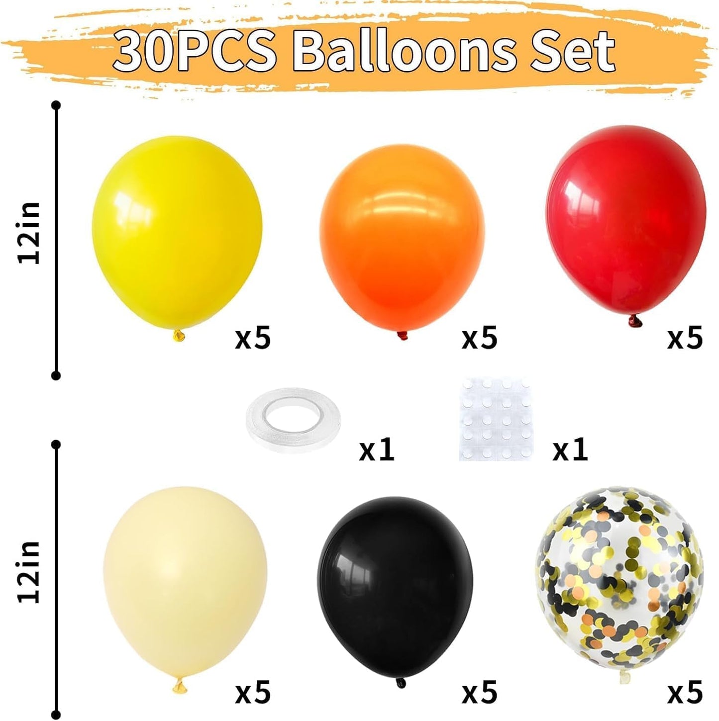 Orange Red Yellow Black Balloons, 12 Inch Colorful Latex Balloons with Black Yellow Confetti Balloon, for Race Car Construction Birthday Baby Shower Carnival Party Decorations