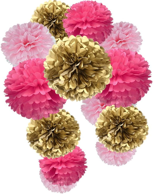 Gold Hot Pink and Pink Paper Flower Tissue Pom Poms for Baby Shower Bridal Engagement Bachelor Birthday Valentine's Day Theme Party, 12pc